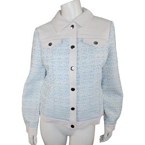 Dennis Basso Mixed Media Faux Leather and Tweed Jacket Light Blue Size 2